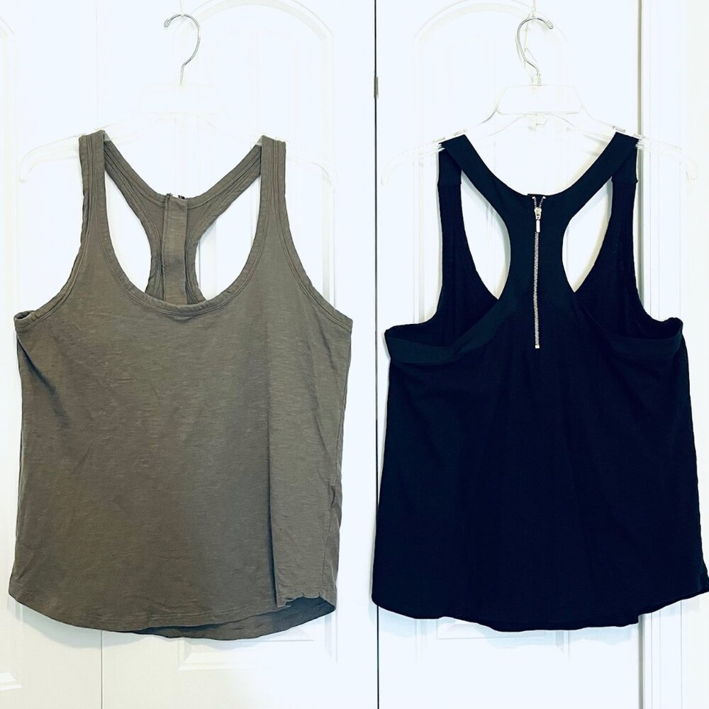 2 Tank Tops with Cutaway Shoulders & Gold Tone Zippers in Back (L) Black/Green